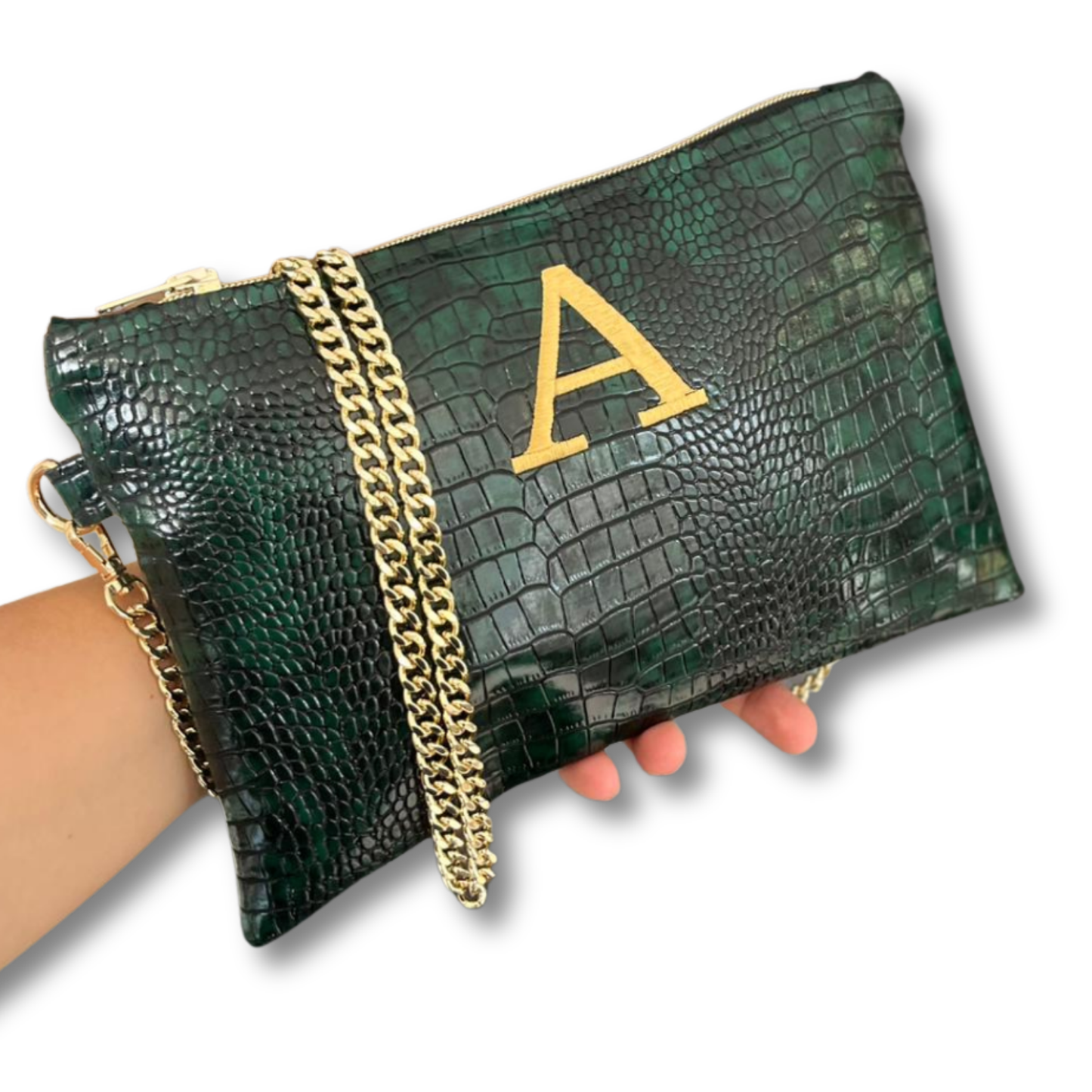 Pochette personalizzata in similpelle cocco verde tracolla oro mod. regular