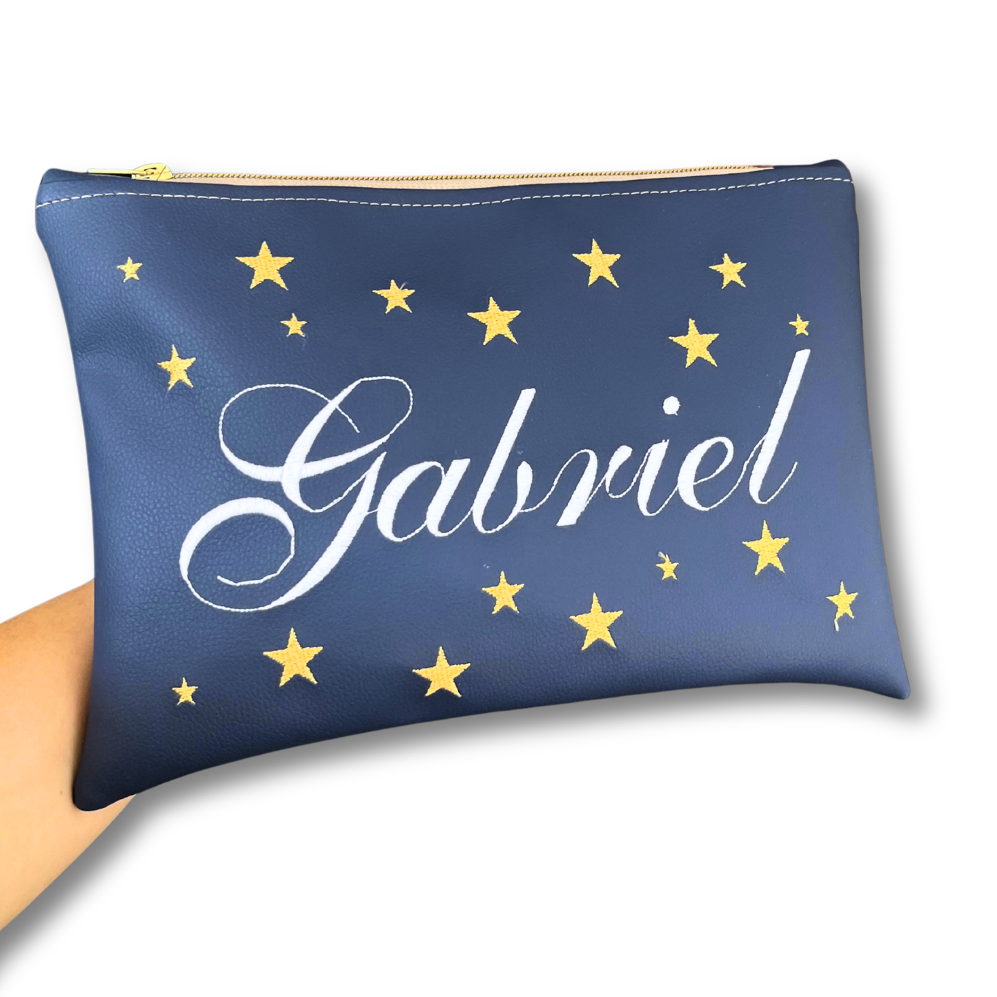 Pochette personalizzata con nome in similpelle blu ric. bianco stelle oro mod. plus