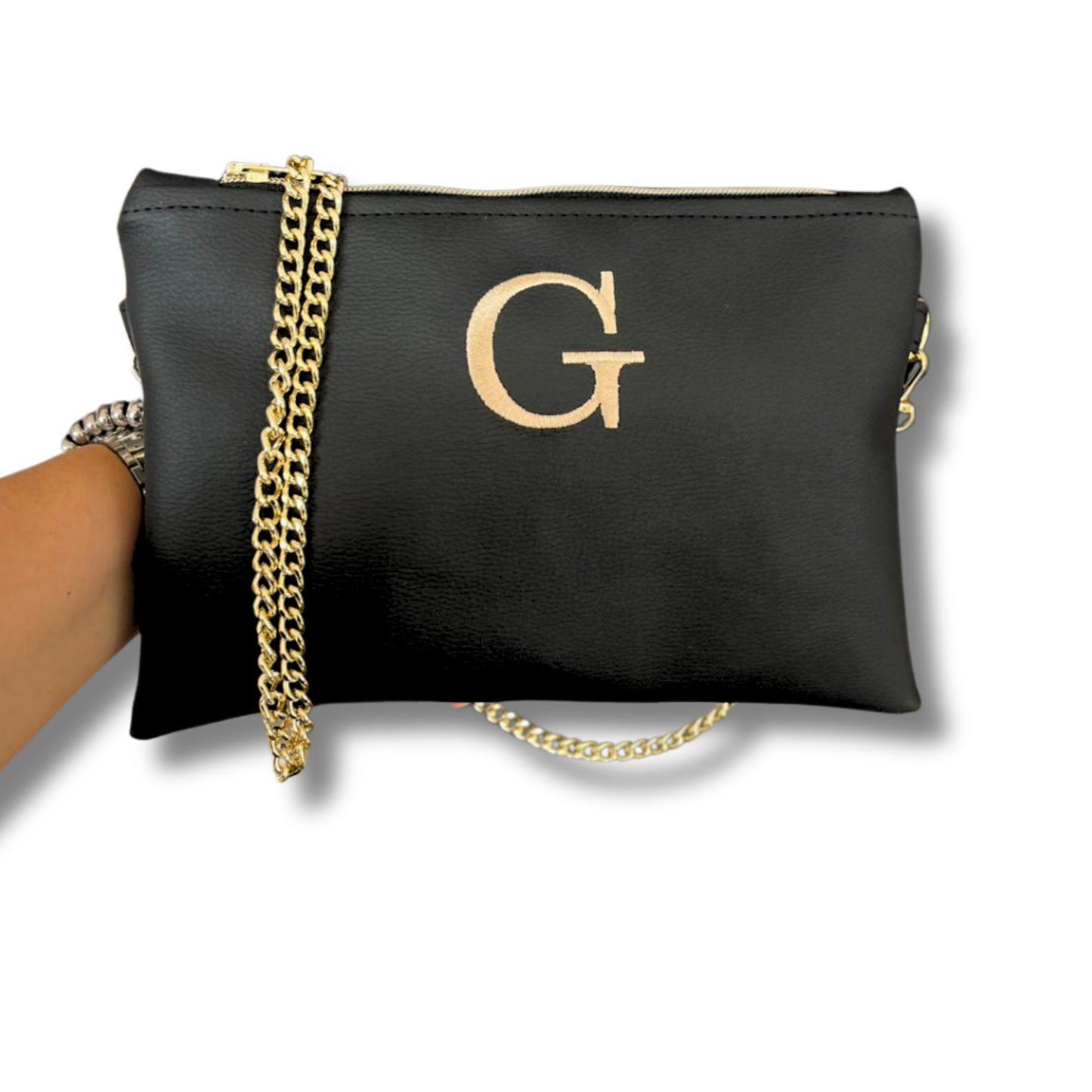 Pochette personalizzata in similpelle nera ricamo sabbia tracolla oro mod. plus