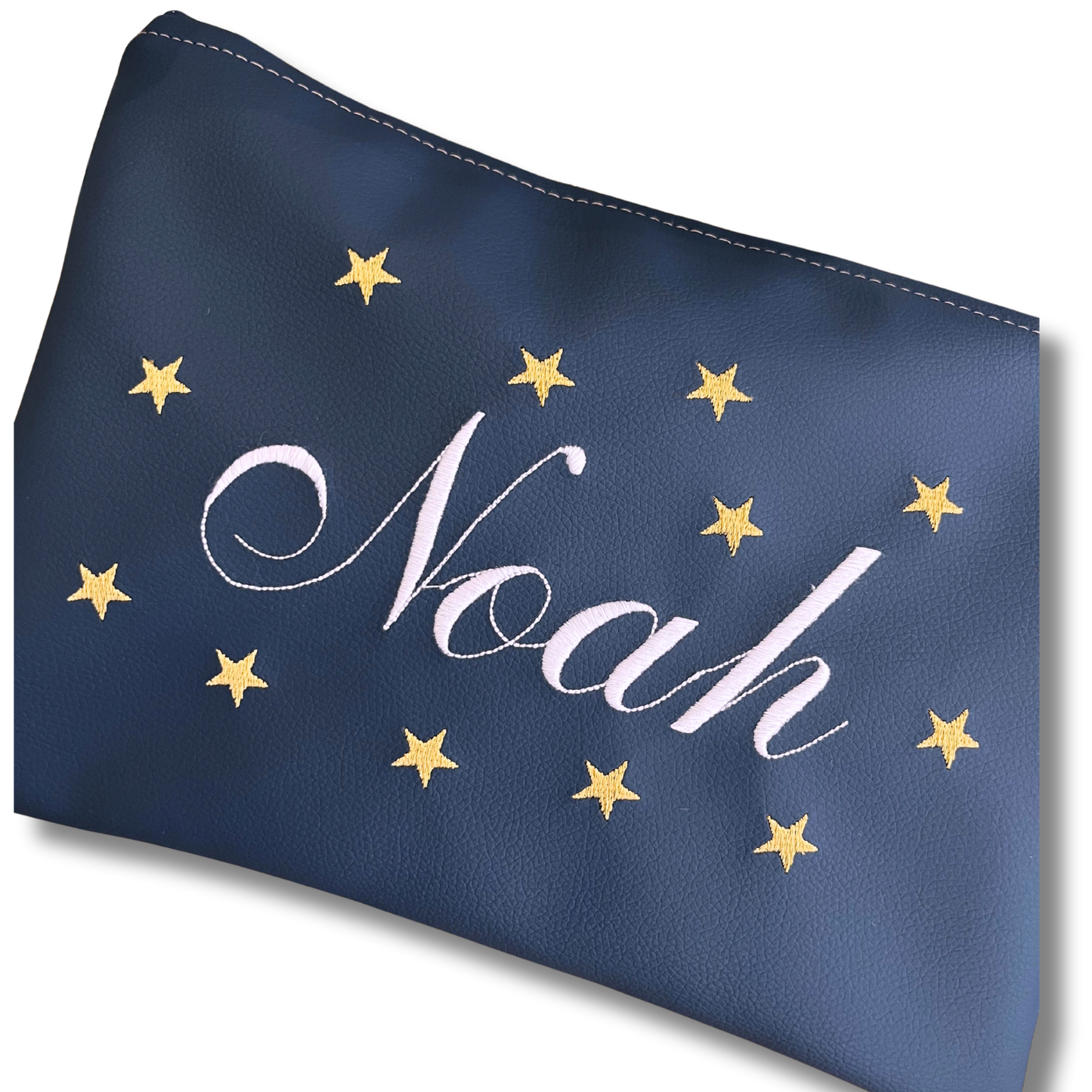 Pochette personalizzata con nome in similpelle blu ric. bianco stelle oro mod. plus