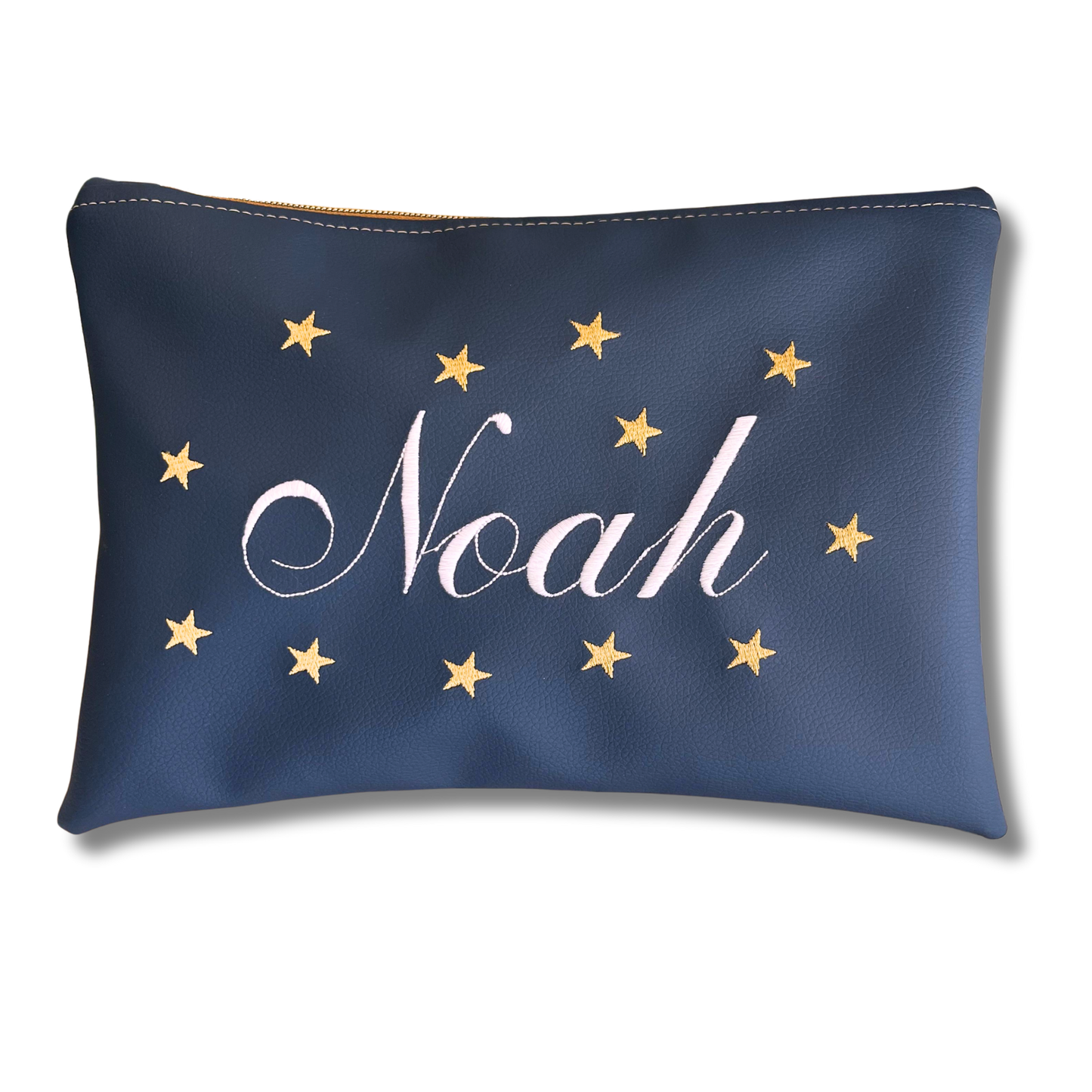 Pochette personalizzata con nome in similpelle blu ric. bianco stelle oro mod. plus