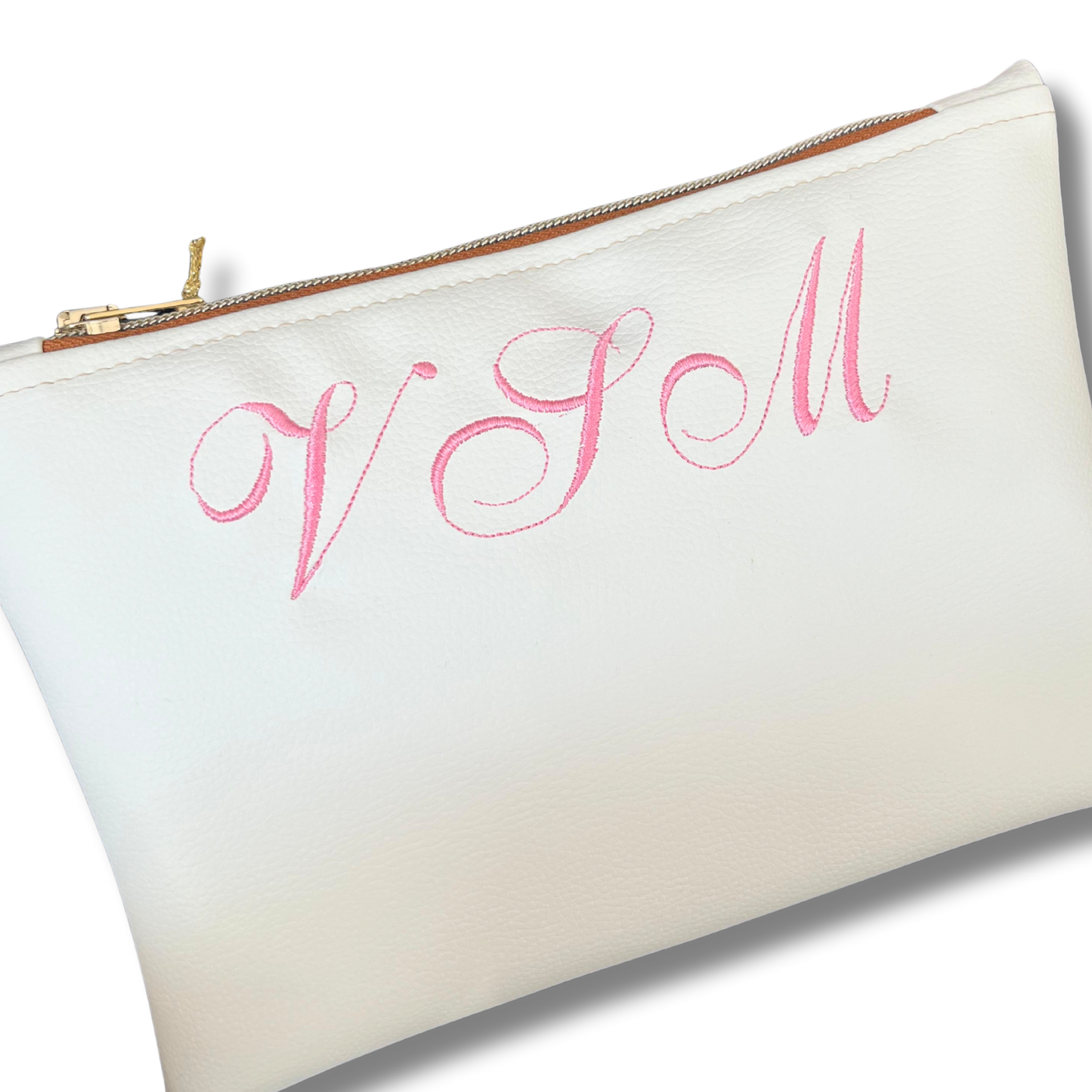 Pochette personalizzata con iniziali in similpelle bianca ric. rosa mod. plus