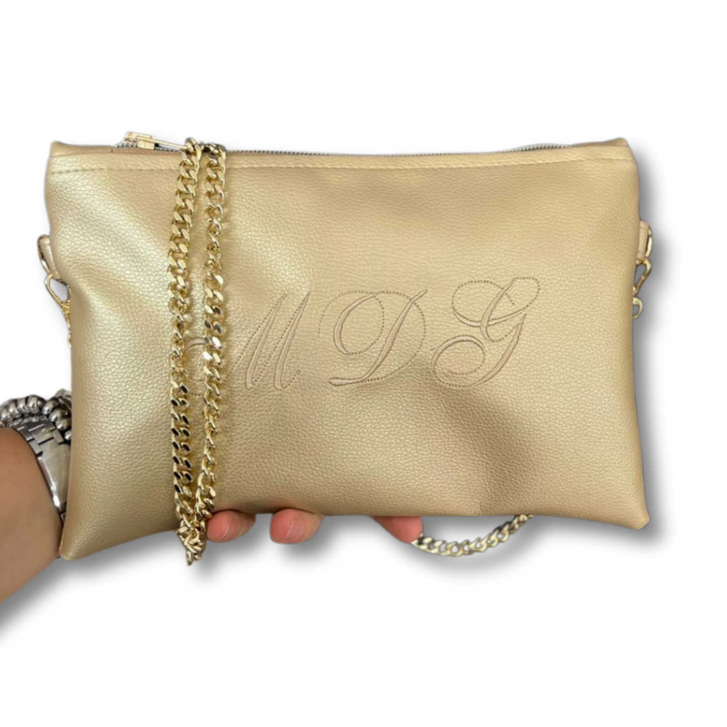 Pochette personalizzata iniziali in similpelle oro font inglese tracolla oro mod. regular