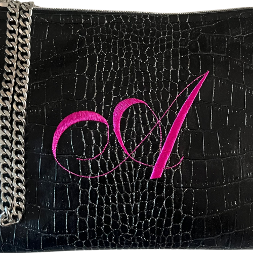 Pochette personalizzata in similpelle cocco nero e glitter ric. font inglese tracolla argento mod. regular