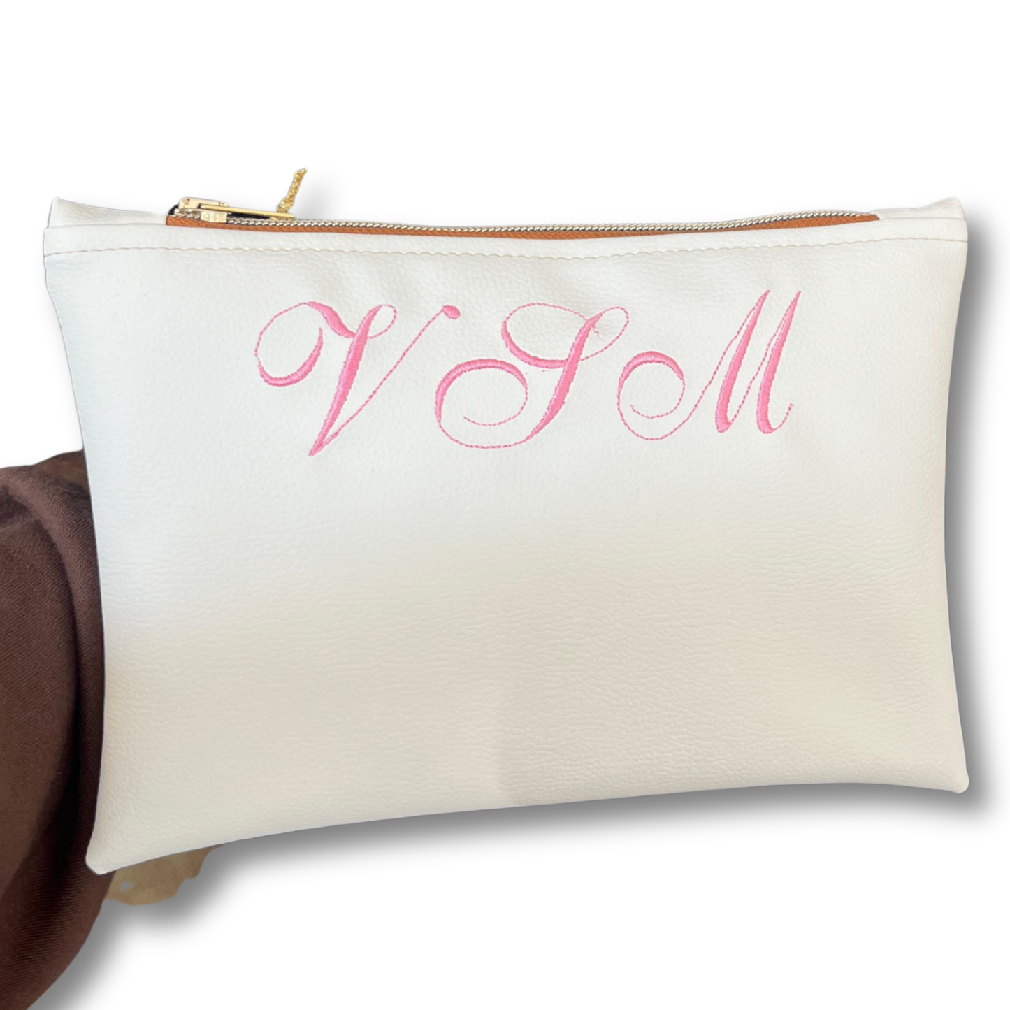 Pochette personalizzata con iniziali in similpelle bianca ric. rosa mod. plus