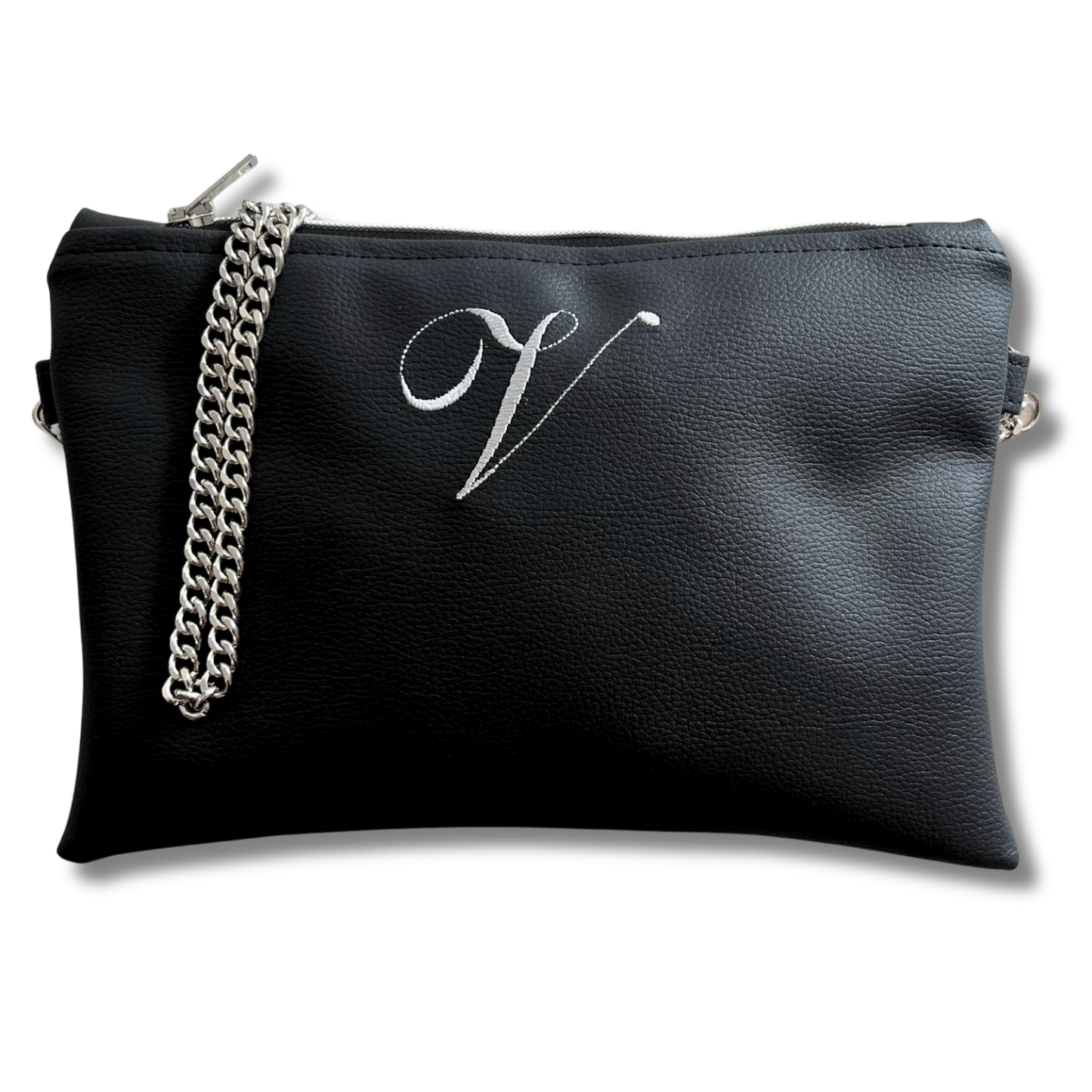 Pochette personalizzata con iniziale piccola in similpelle nera font inglese tracolla argento mod. regular