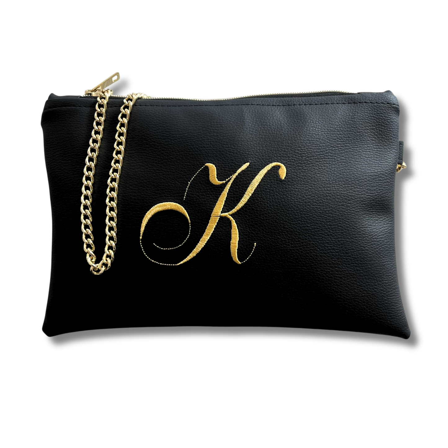 Pochette personalizzata in similpelle nera font inglese tracolla oro mod. regular