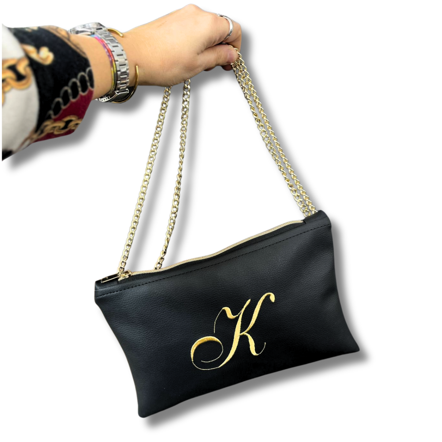 Pochette personalizzata in similpelle nera font inglese tracolla oro mod. regular