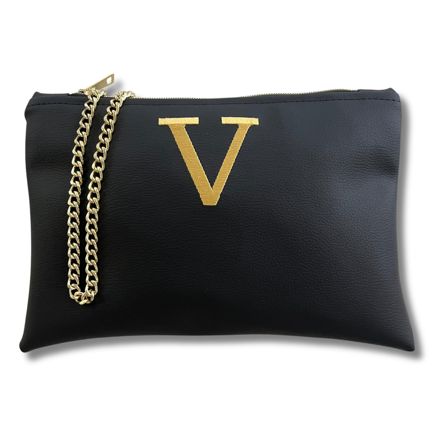 Pochette personalizzata in similpelle nera ricamo oro tracolla oro mod. plus