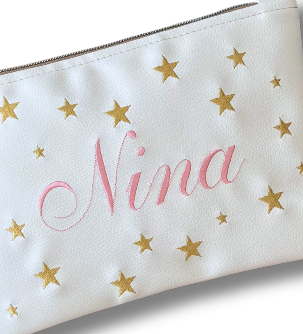 Pochette personalizzata con nome in similpelle bianca ric. rosa stelle oro mod. regular