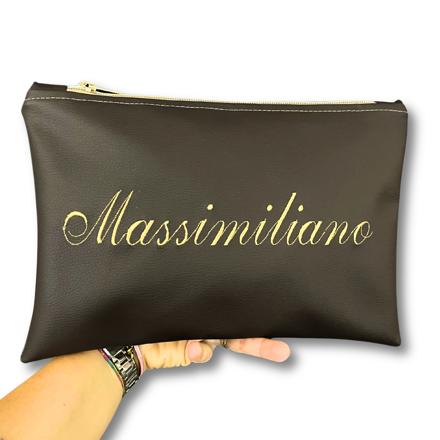 Pochette personalizzata con nome in similpelle testa di moro ric. sabbia mod. plus