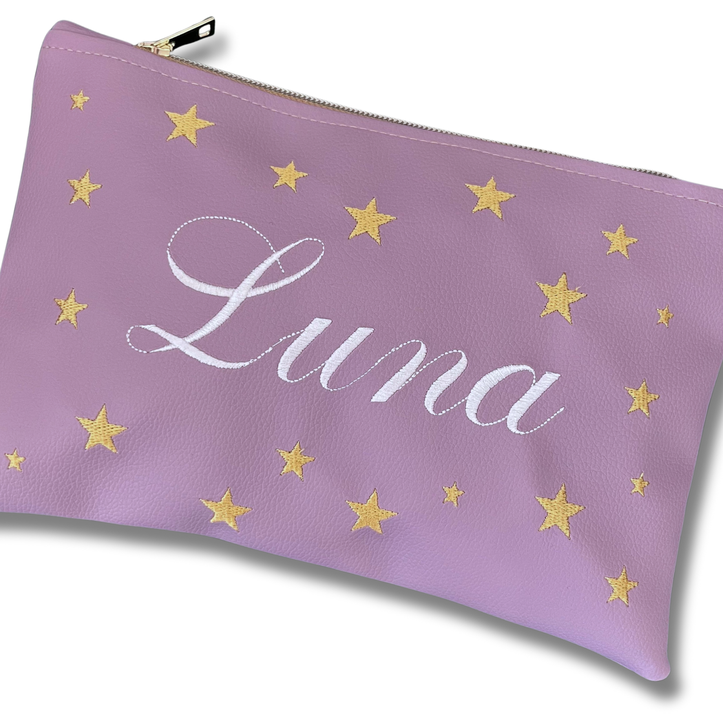 Pochette personalizzata con nome in similpelle lilla ric. bianco stelle oro mod. regular