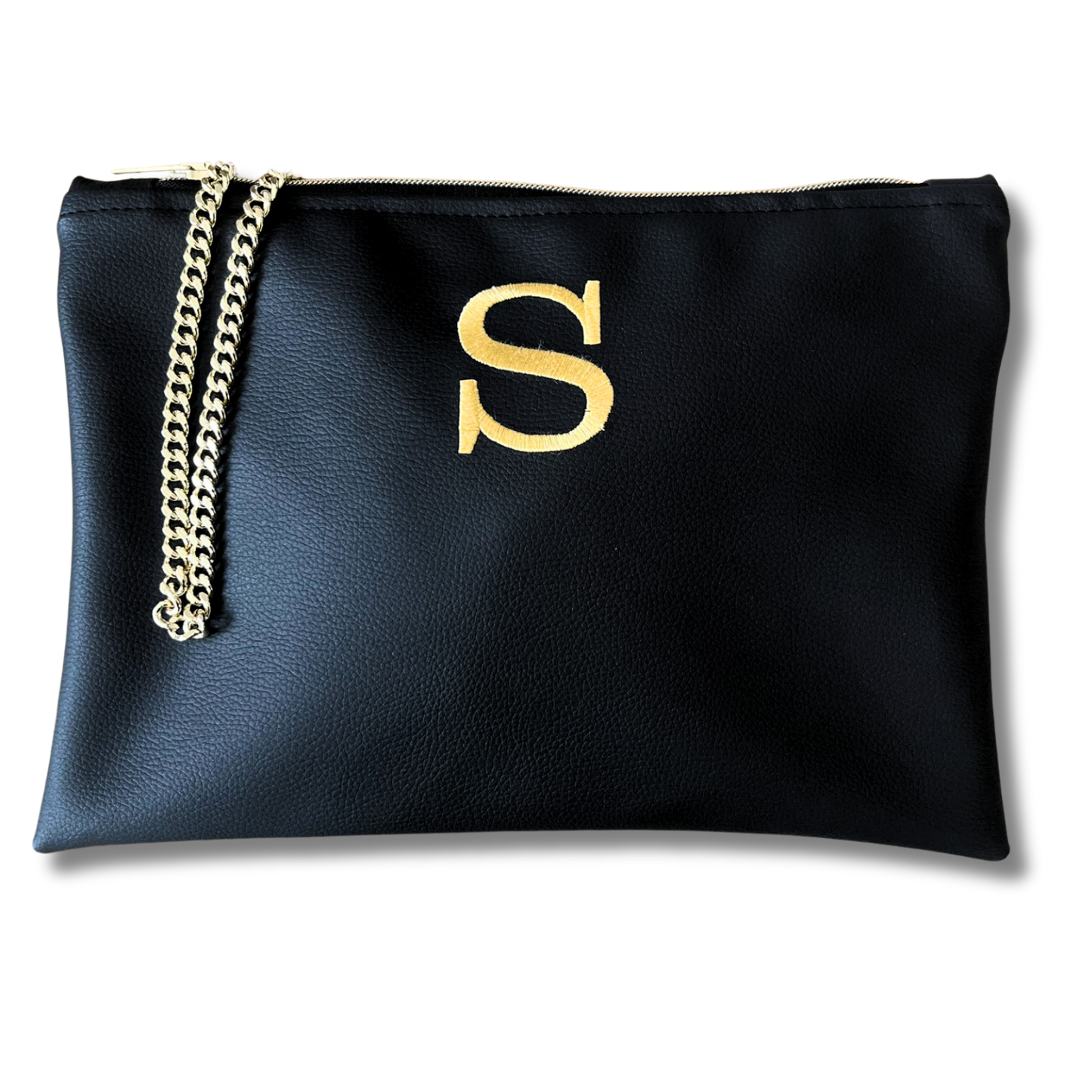 Pochette personalizzata in similpelle nera ricamo oro tracolla oro mod. plus