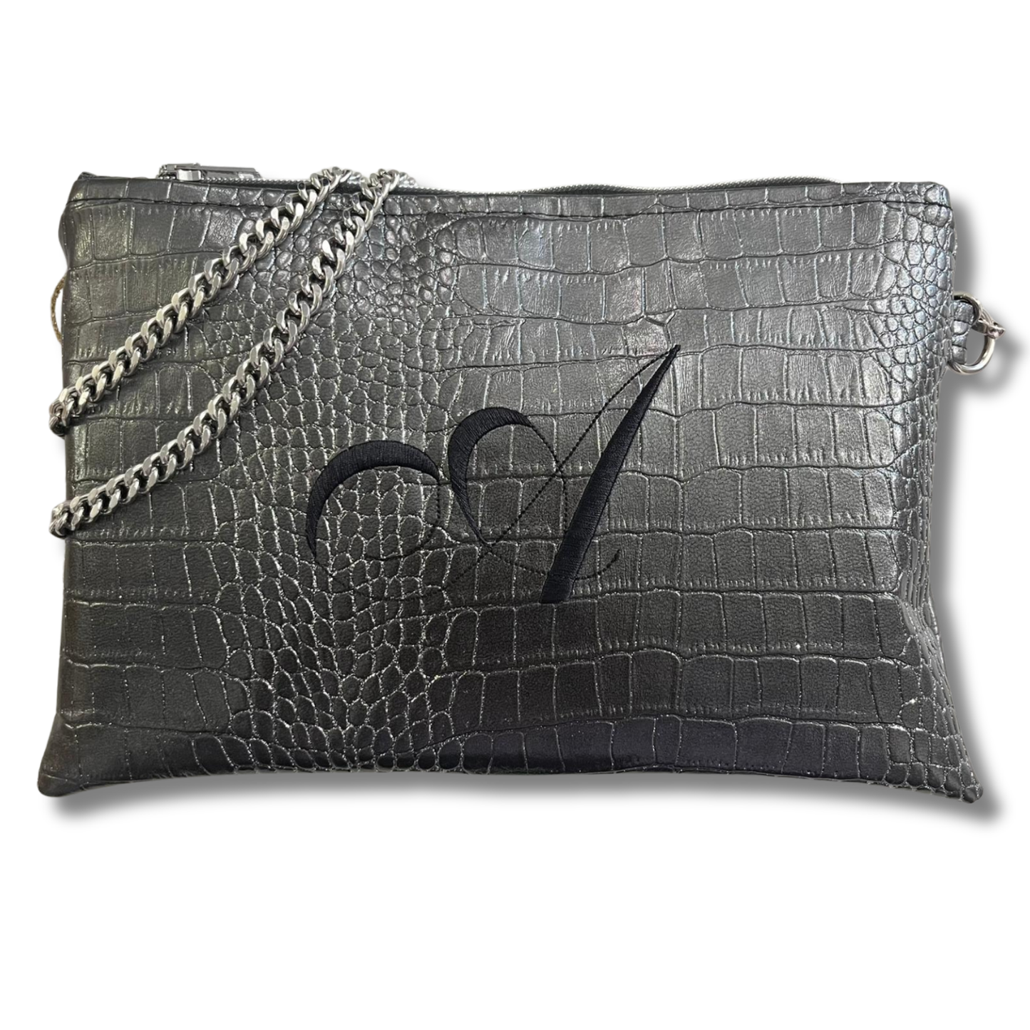 Pochette personalizzata in similpelle cocco canna di fucile e glitter ric. font inglese tracolla argento mod. regular