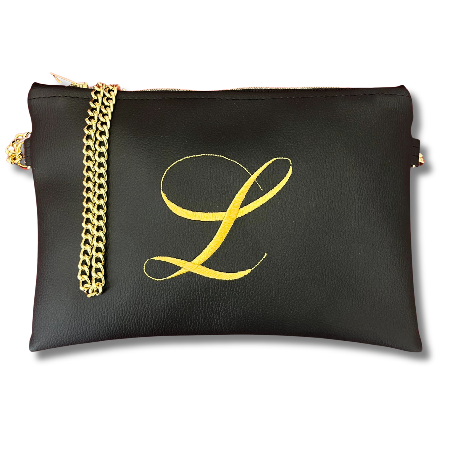 Pochette personalizzata in similpelle nera font inglese tracolla oro mod. regular