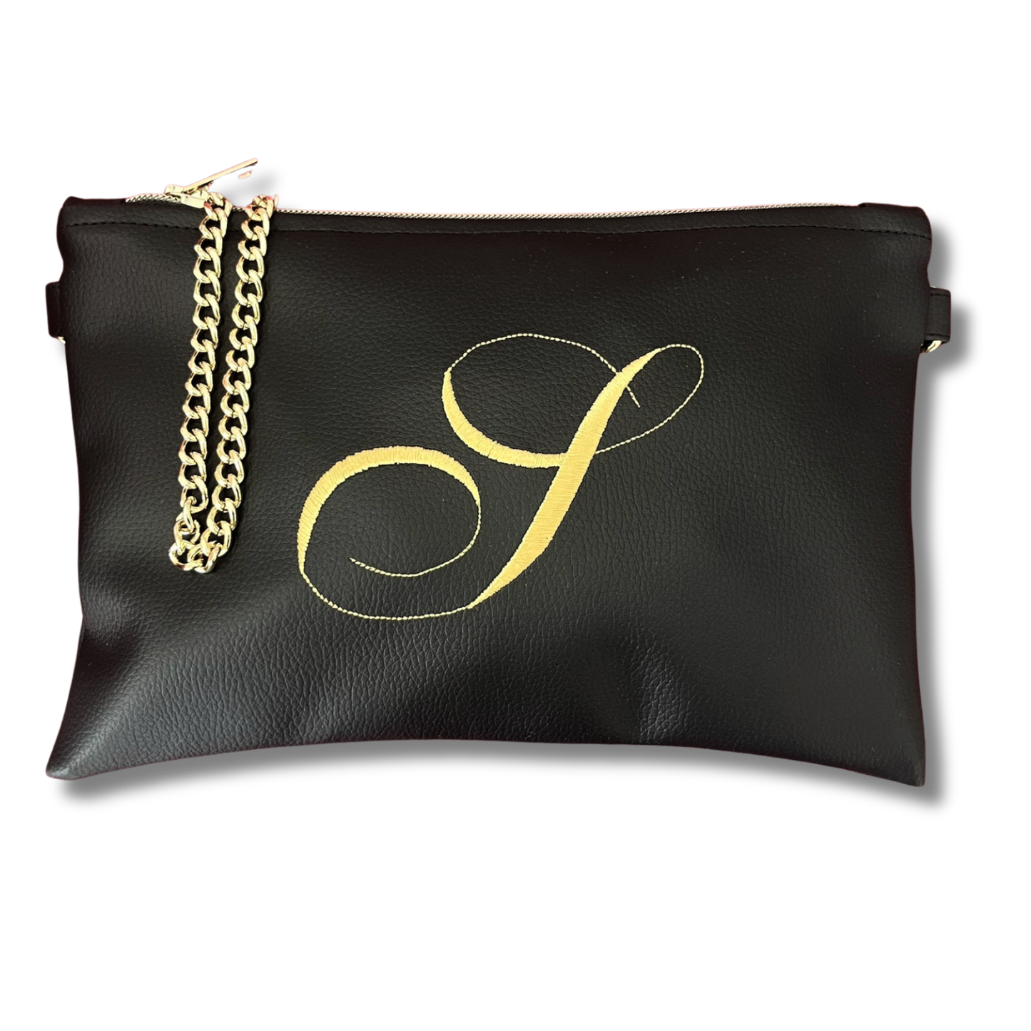 Pochette personalizzata in similpelle nera font inglese tracolla oro mod. regular