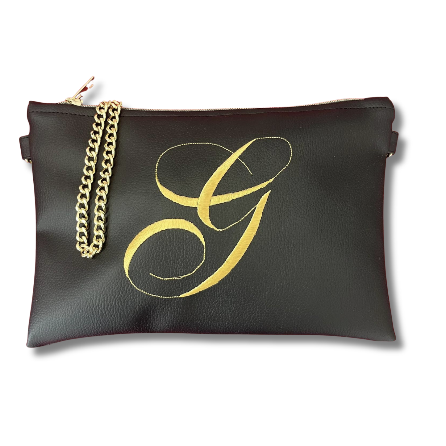 Pochette personalizzata in similpelle nera font inglese tracolla oro mod. regular
