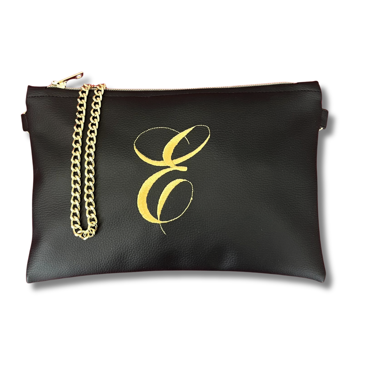 Pochette personalizzata in similpelle nera font inglese tracolla oro mod. regular