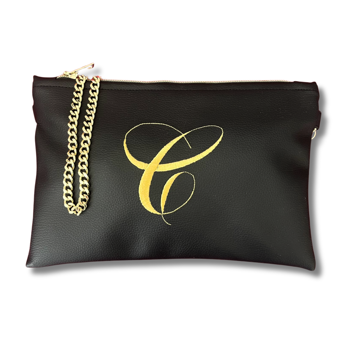 Pochette personalizzata in similpelle nera font inglese tracolla oro mod. regular