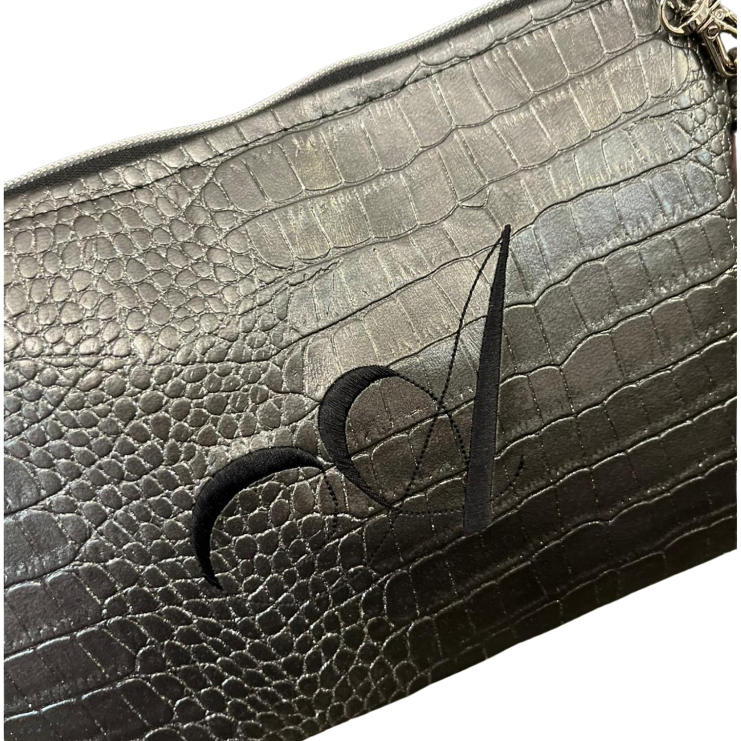 Pochette personalizzata in similpelle cocco canna di fucile e glitter ric. font inglese tracolla argento mod. regular