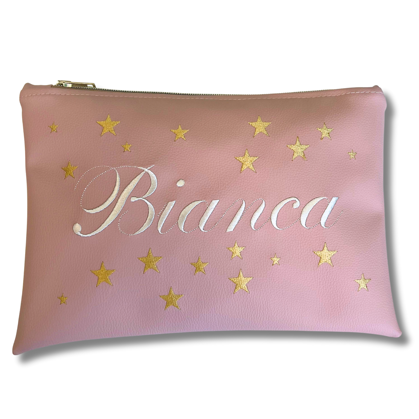 Pochette personalizzata con nome in similpelle rosa ric. bianco stelle oro mod. plus