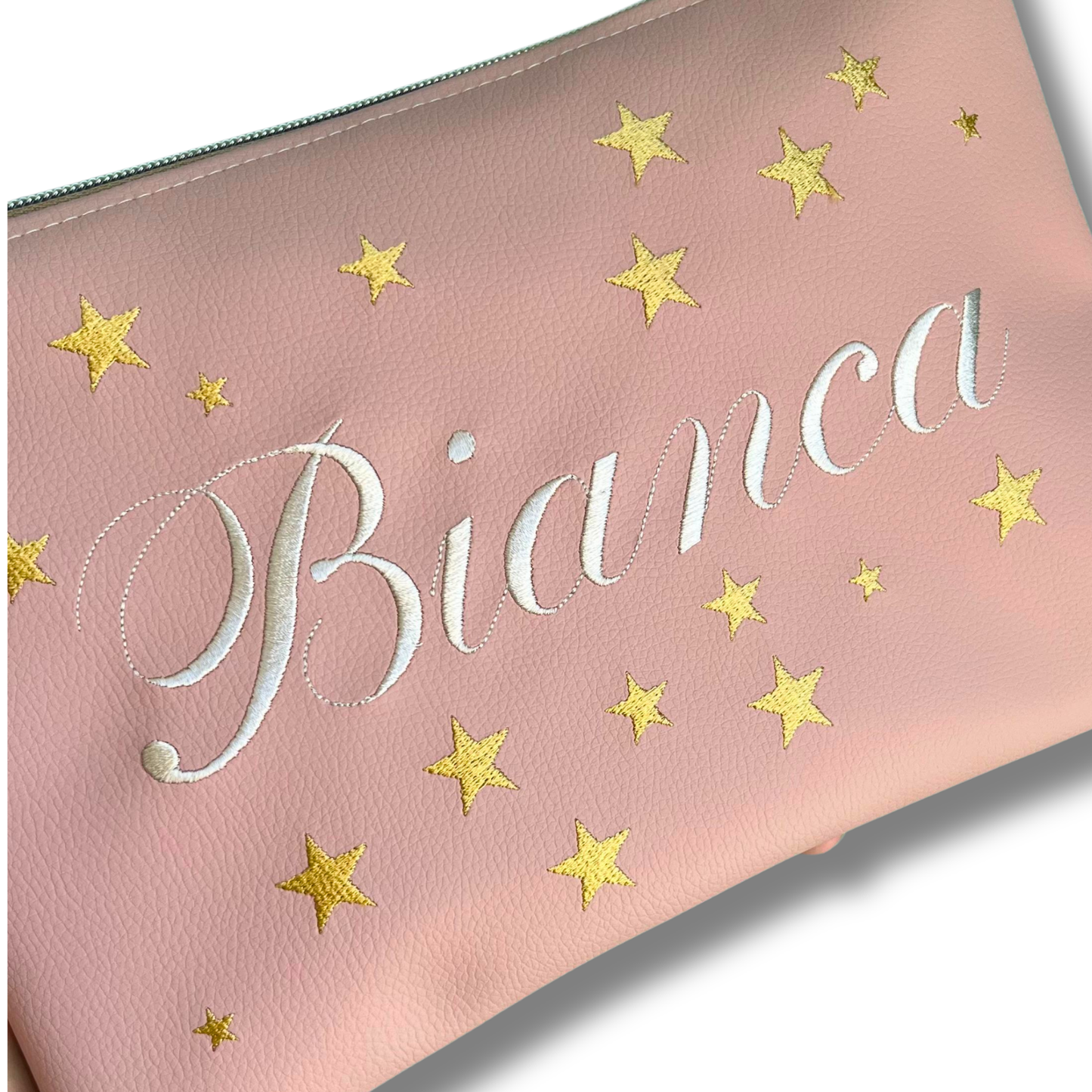 Pochette personalizzata con nome in similpelle rosa ric. bianco stelle oro mod. plus