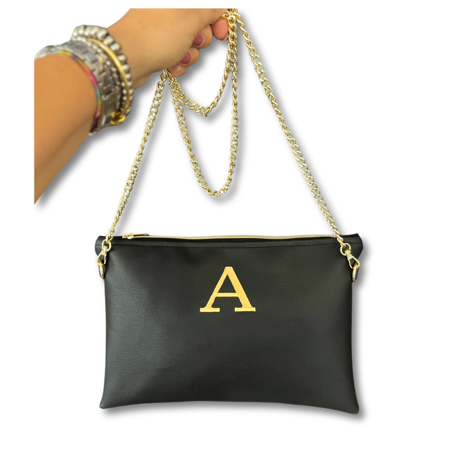 Pochette personalizzata in similpelle nera ricamo oro tracolla oro mod. plus