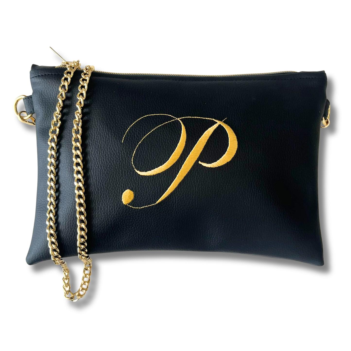 Pochette personalizzata in similpelle nera font inglese tracolla oro mod. regular