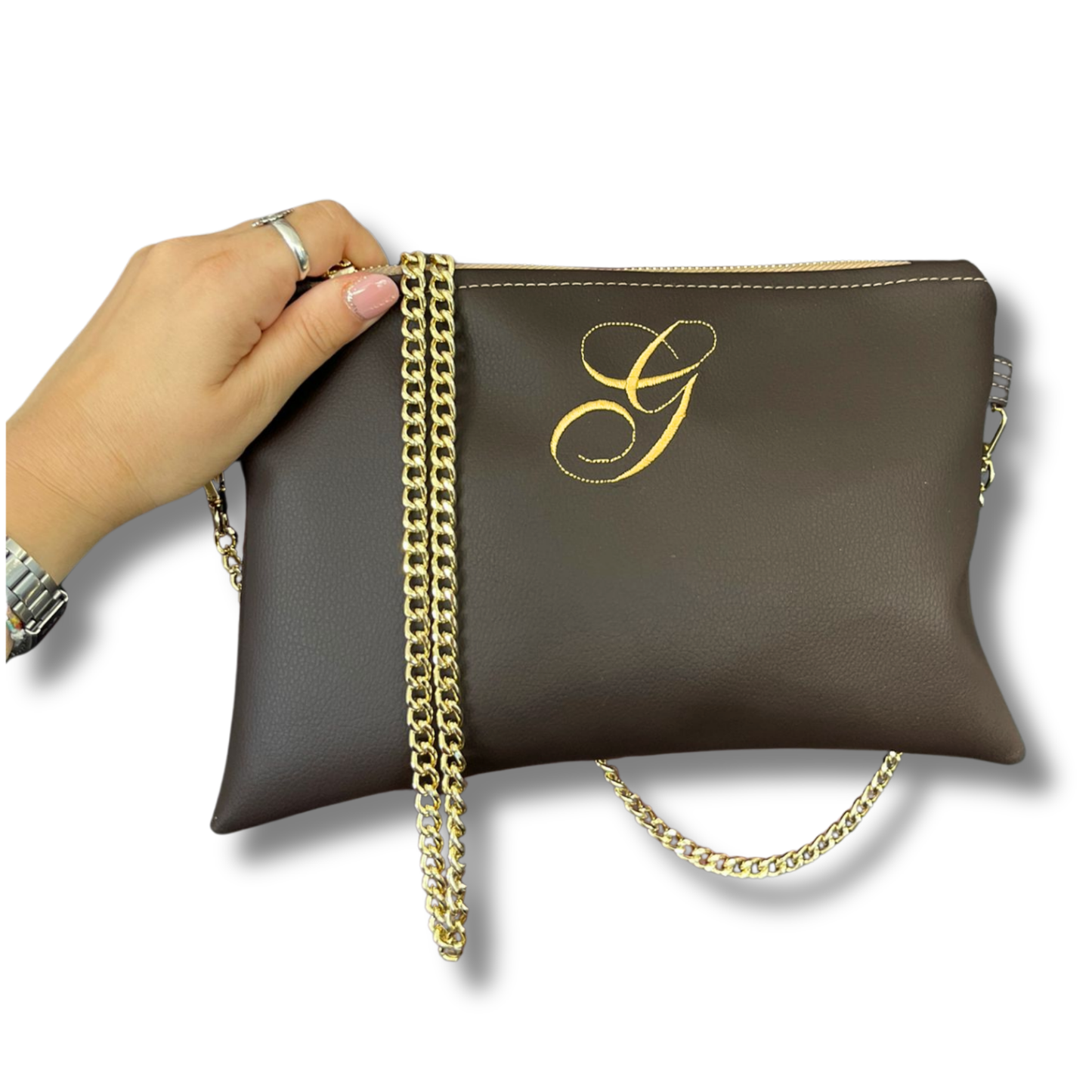 Pochette personalizzata con iniziale piccola in similpelle testa di moro font inglese tracolla oro mod. regular