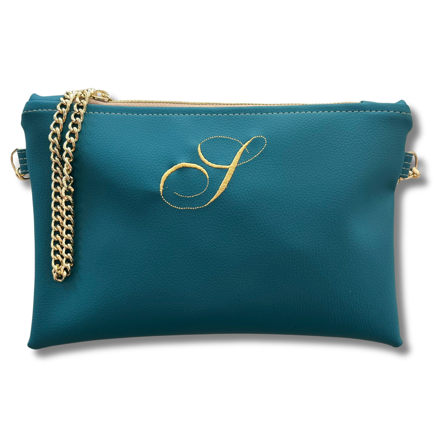 Pochette personalizzata con iniziale piccola in similpelle petrolio font inglese tracolla oro mod. regular
