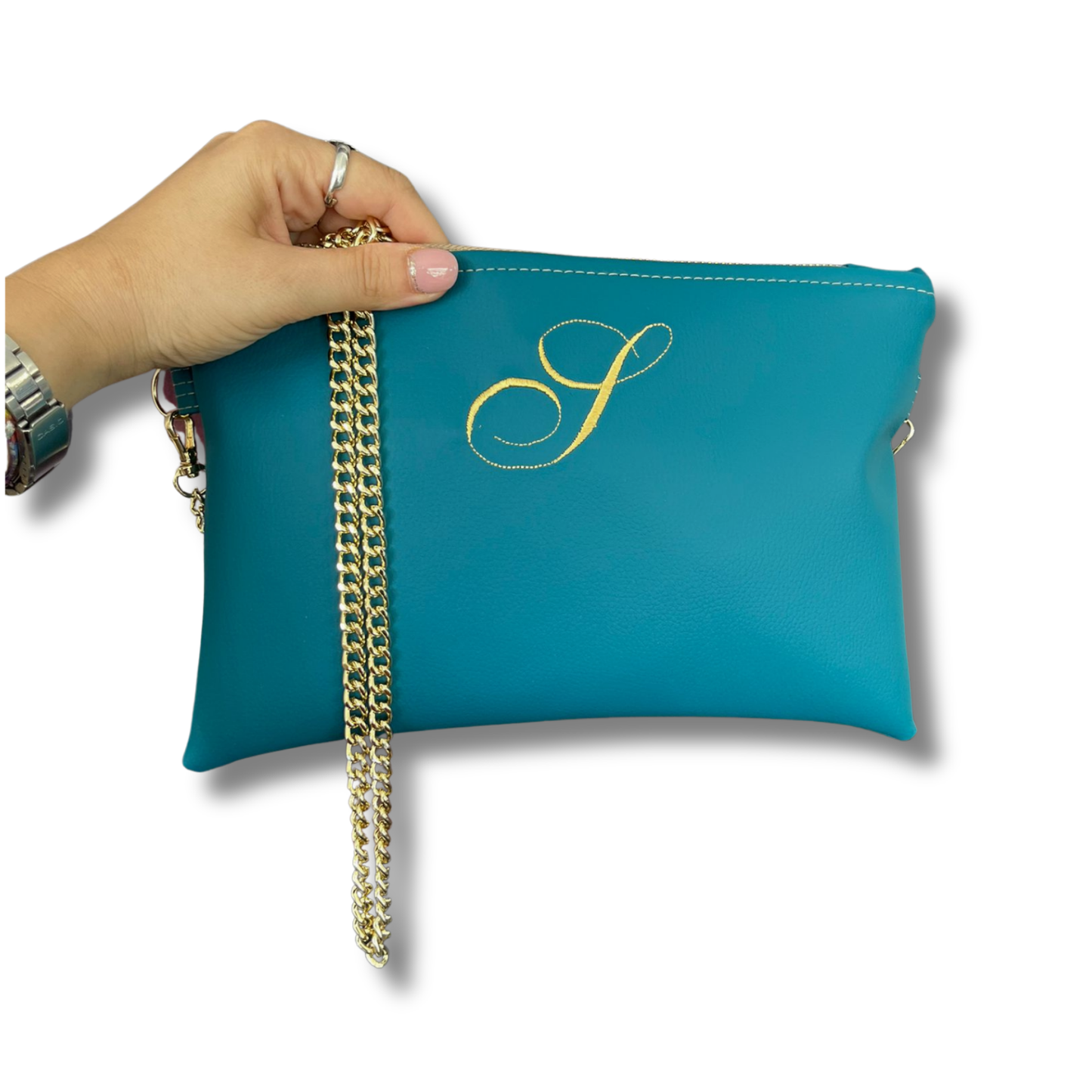 Pochette personalizzata con iniziale piccola in similpelle petrolio font inglese tracolla oro mod. regular