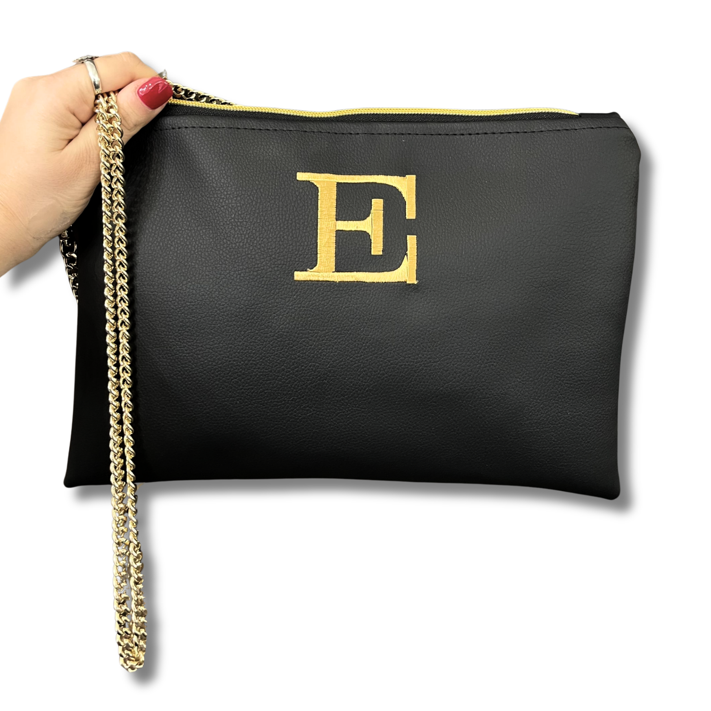 Pochette personalizzata in similpelle nera ricamo oro tracolla oro mod. plus