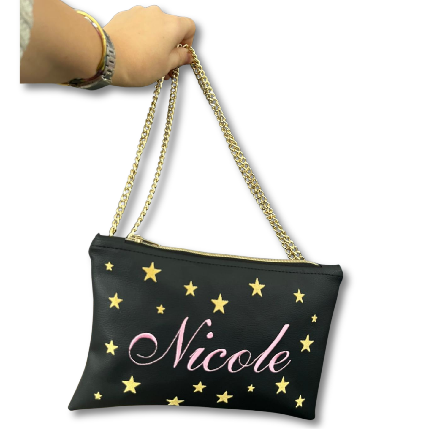 Pochette personalizzata con nome in similpelle nera ric. rosa stelle oro tracolla oro mod. regular
