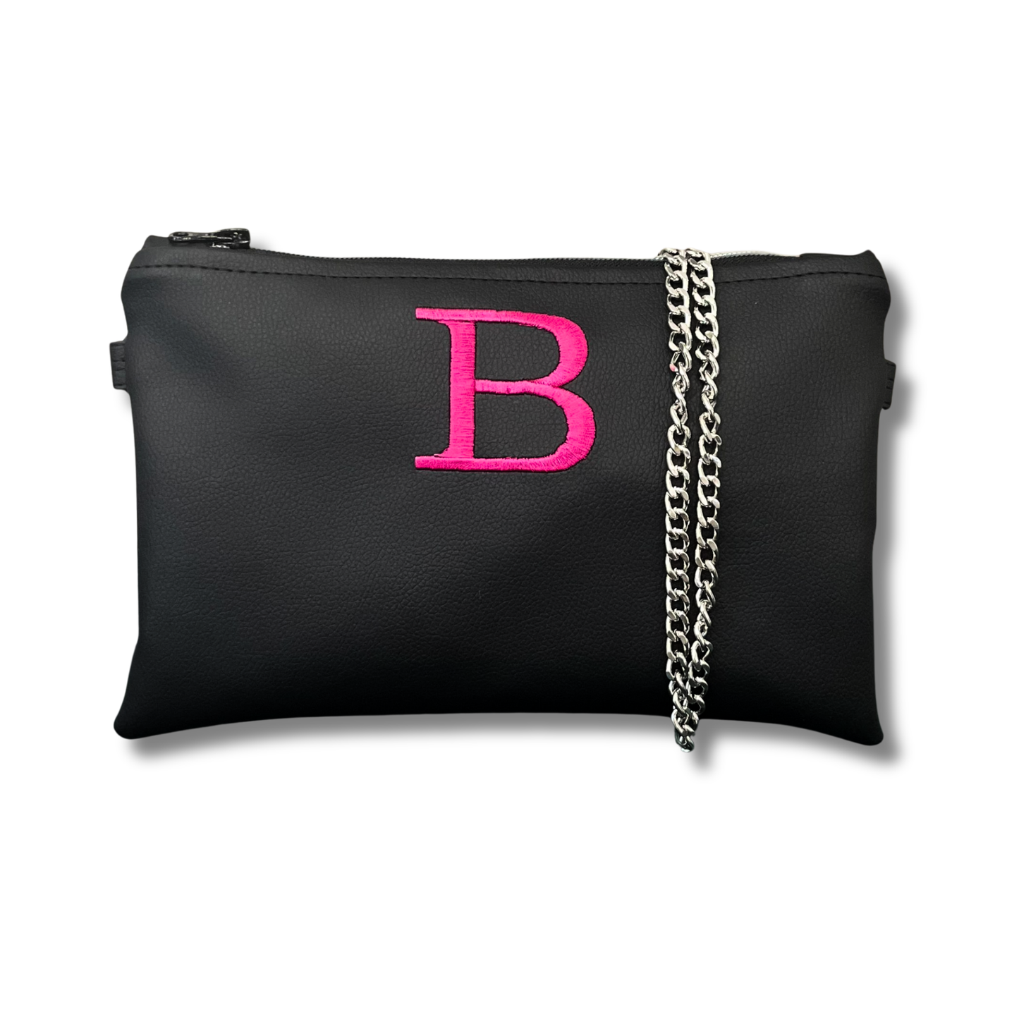 Pochette personalizzata in similpelle nera ricamo magenta tracolla argento mod. regular