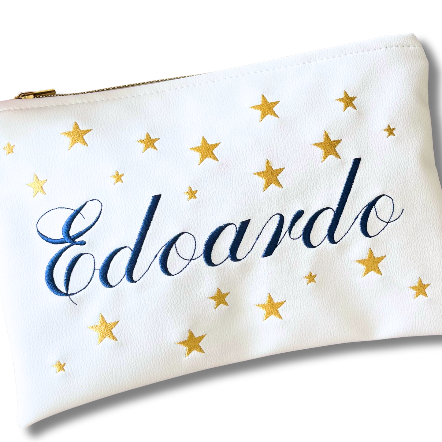 Pochette personalizzata con nome in similpelle bianca ric. blu stelle oro mod. plus