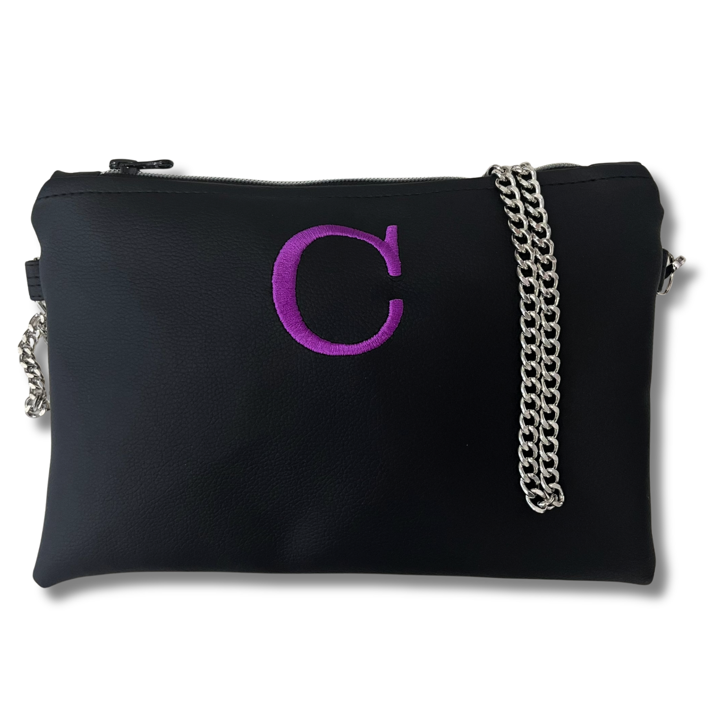 Pochette personalizzata in similpelle nera ricamo viola tracolla argento mod. regular