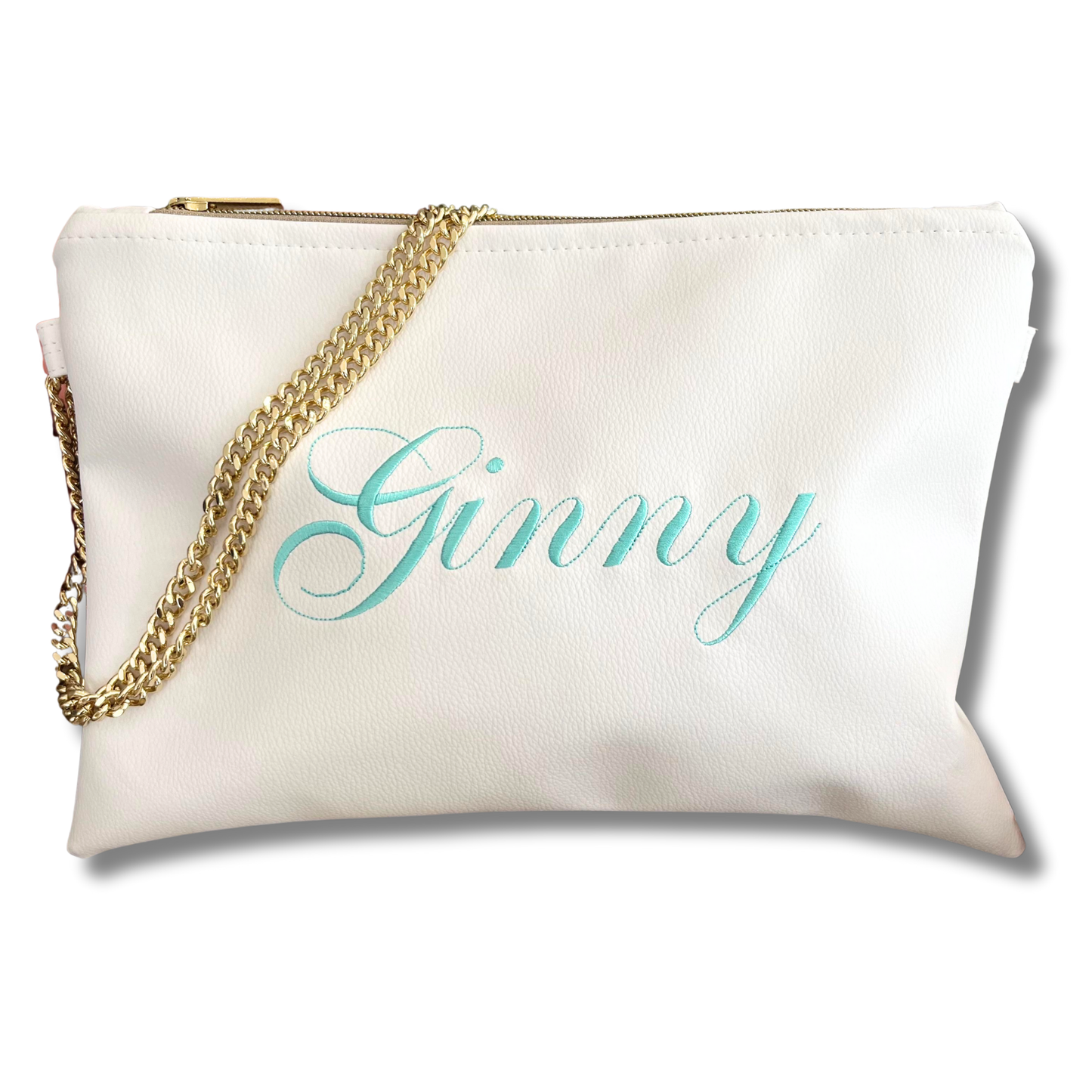 Pochette personalizzata con nome in similpelle bianca ric. verde acqua font inglese tracolla oro mod. regular