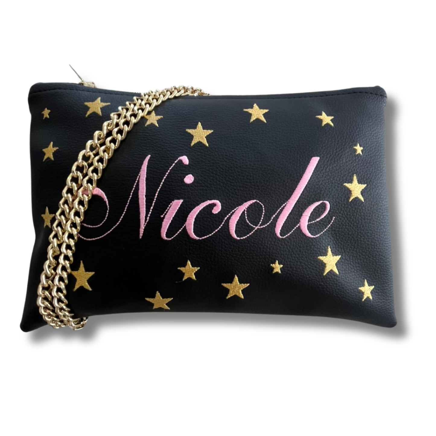 Pochette personalizzata con nome in similpelle nera ric. rosa stelle oro tracolla oro mod. regular