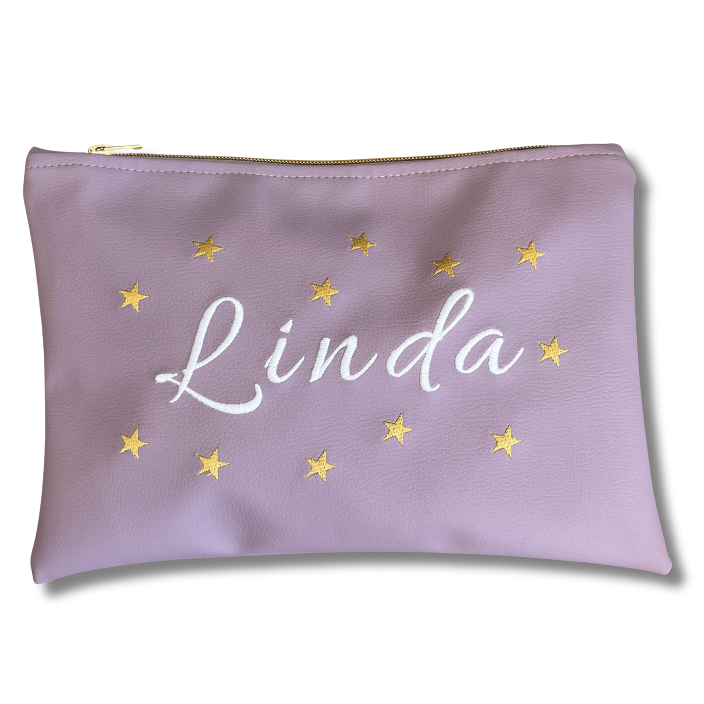 Pochette personalizzata con nome in similpelle lilla ric. font allura bianco stelle oro mod. plus