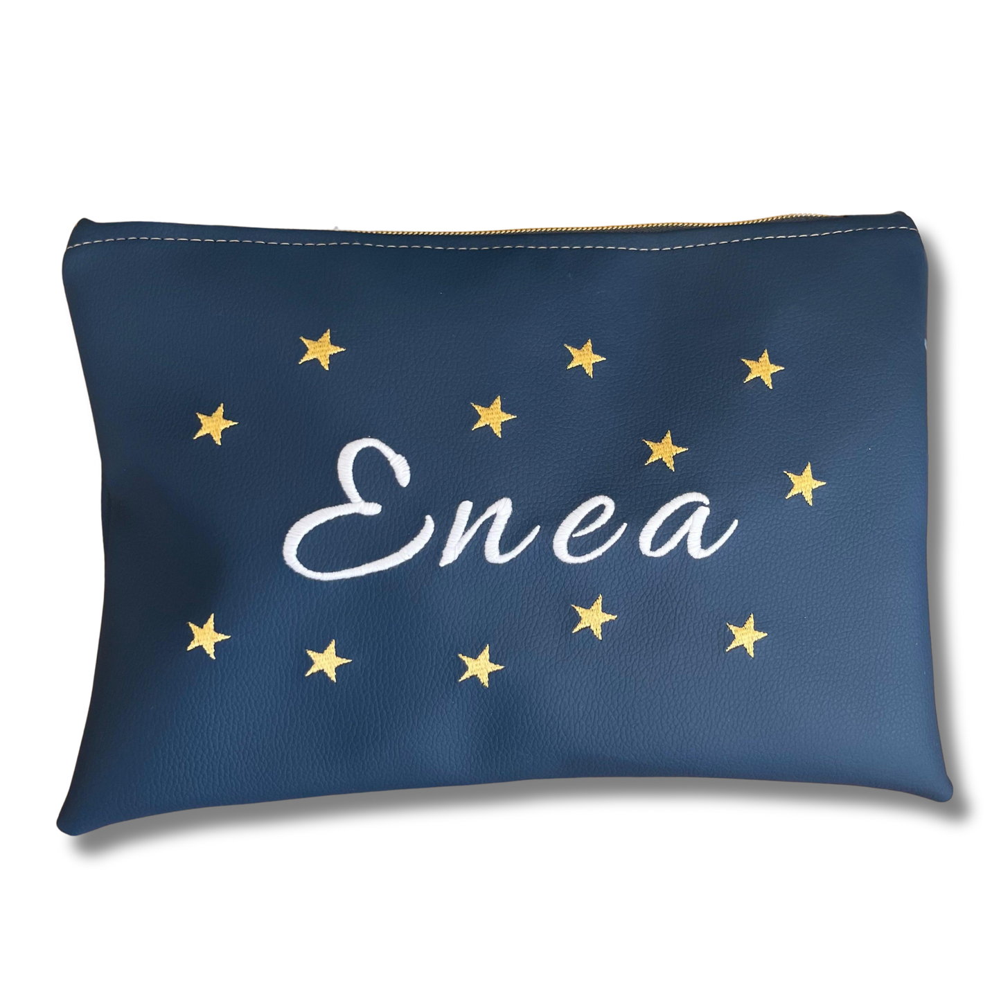 Pochette personalizzata con nome in similpelle blu ric. font allura bianco stelle oro mod. plus