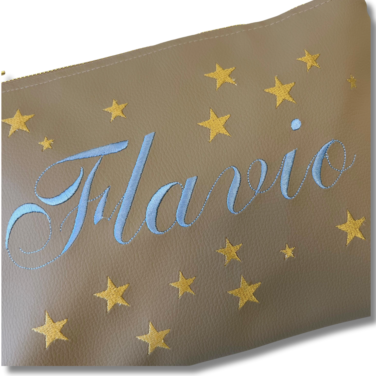 Pochette personalizzata con nome in similpelle sabbia ric. celeste stelle oro mod. plus