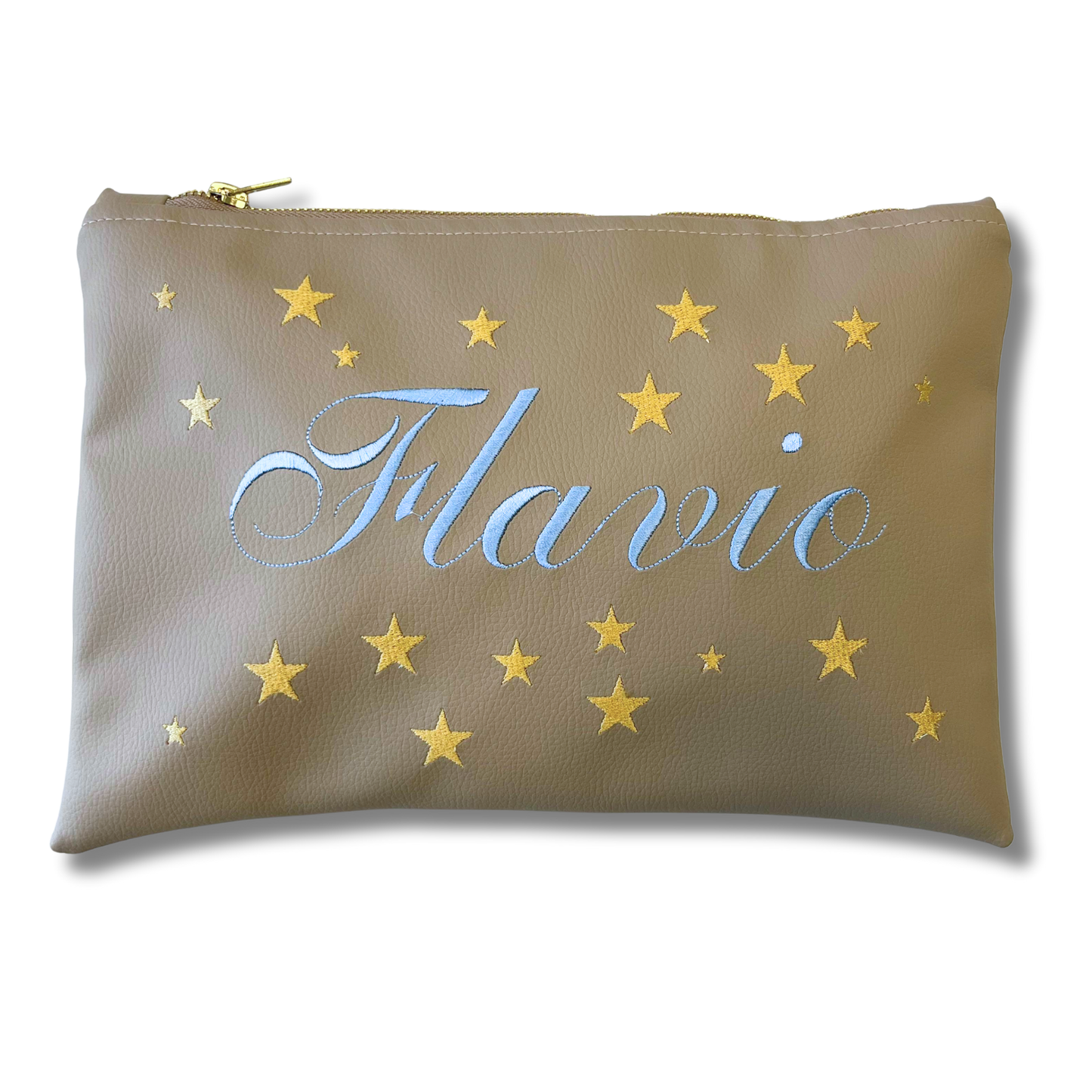 Pochette personalizzata con nome in similpelle sabbia ric. celeste stelle oro mod. plus