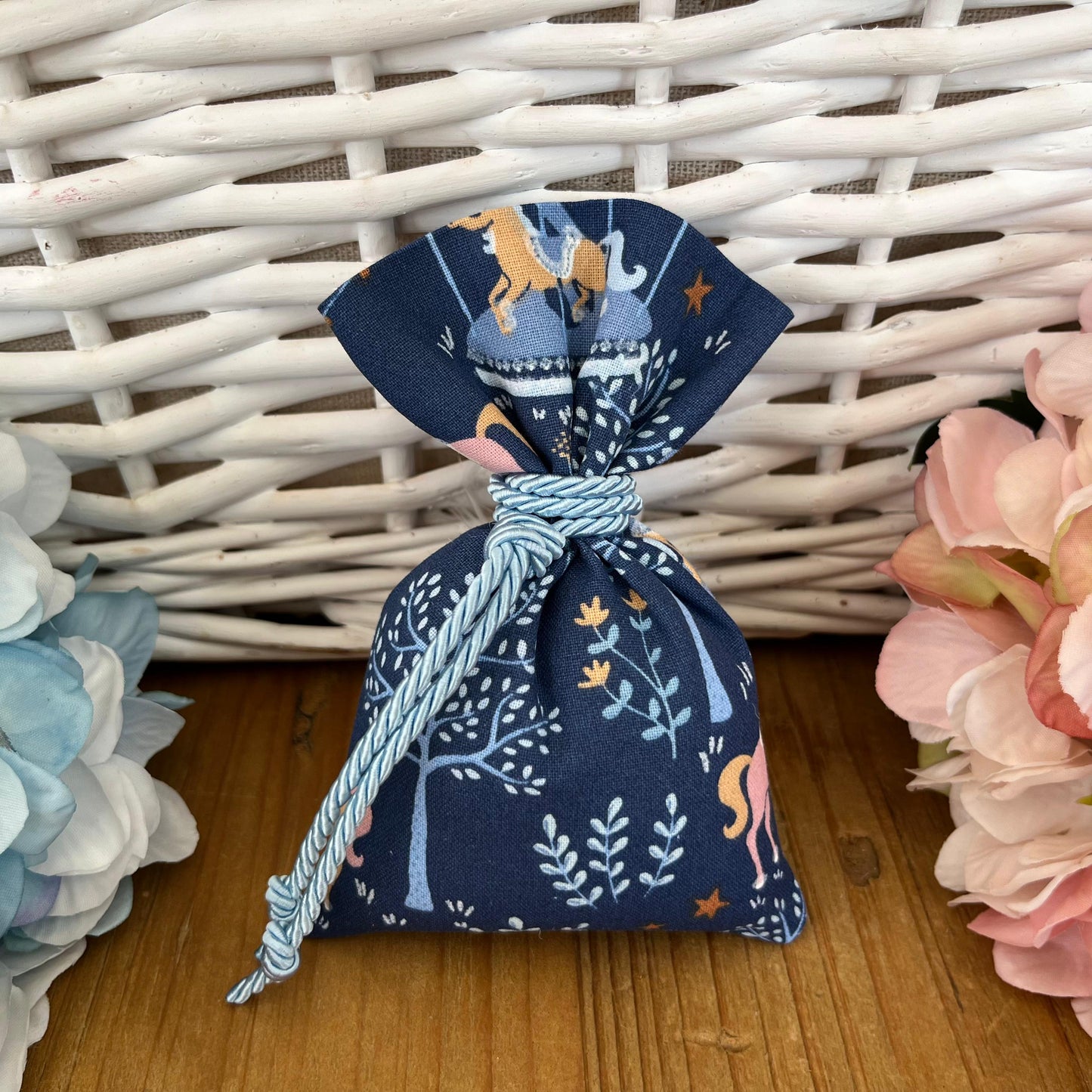 Sacchetto portaconfetti unicorno blu/celeste mod. piccolo collezione Baby