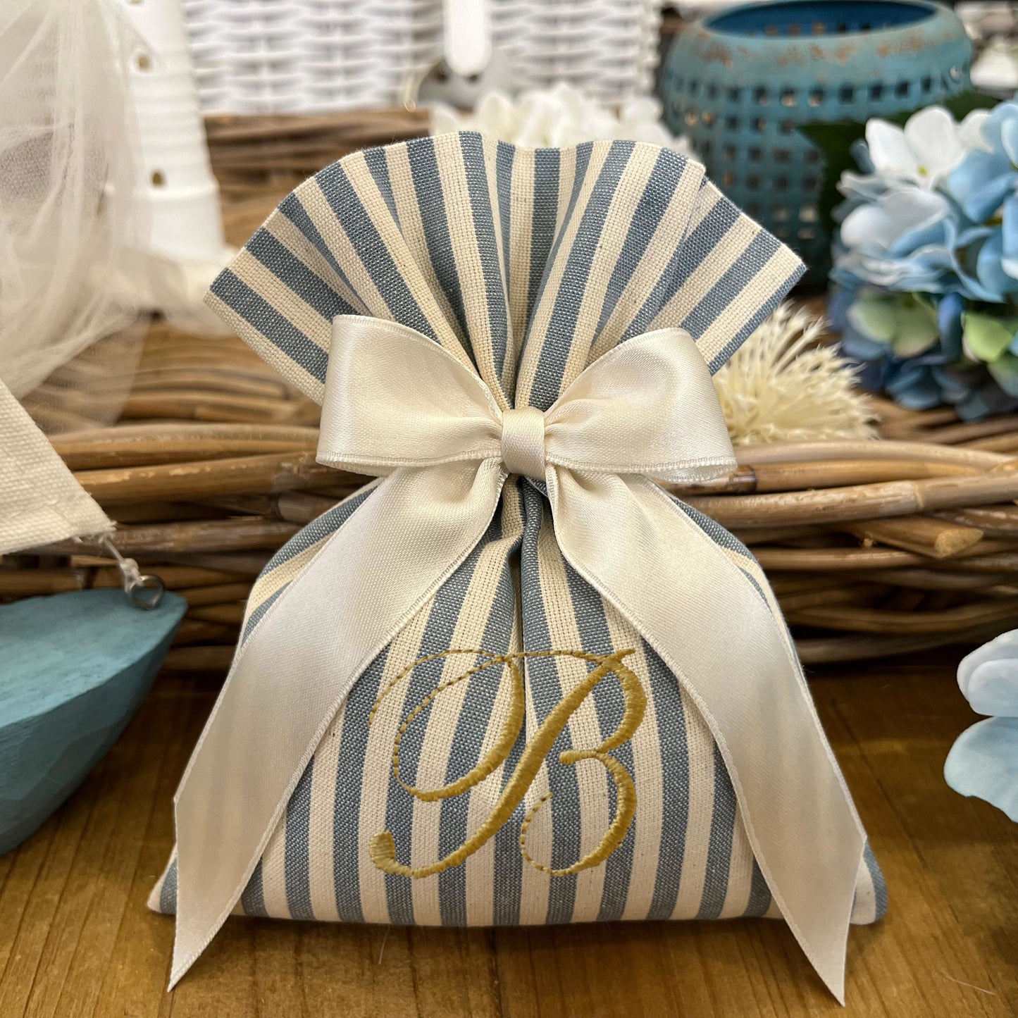 Sacchetto portaconfetti rigato avio personalizzato mod. grande collezione Country chic