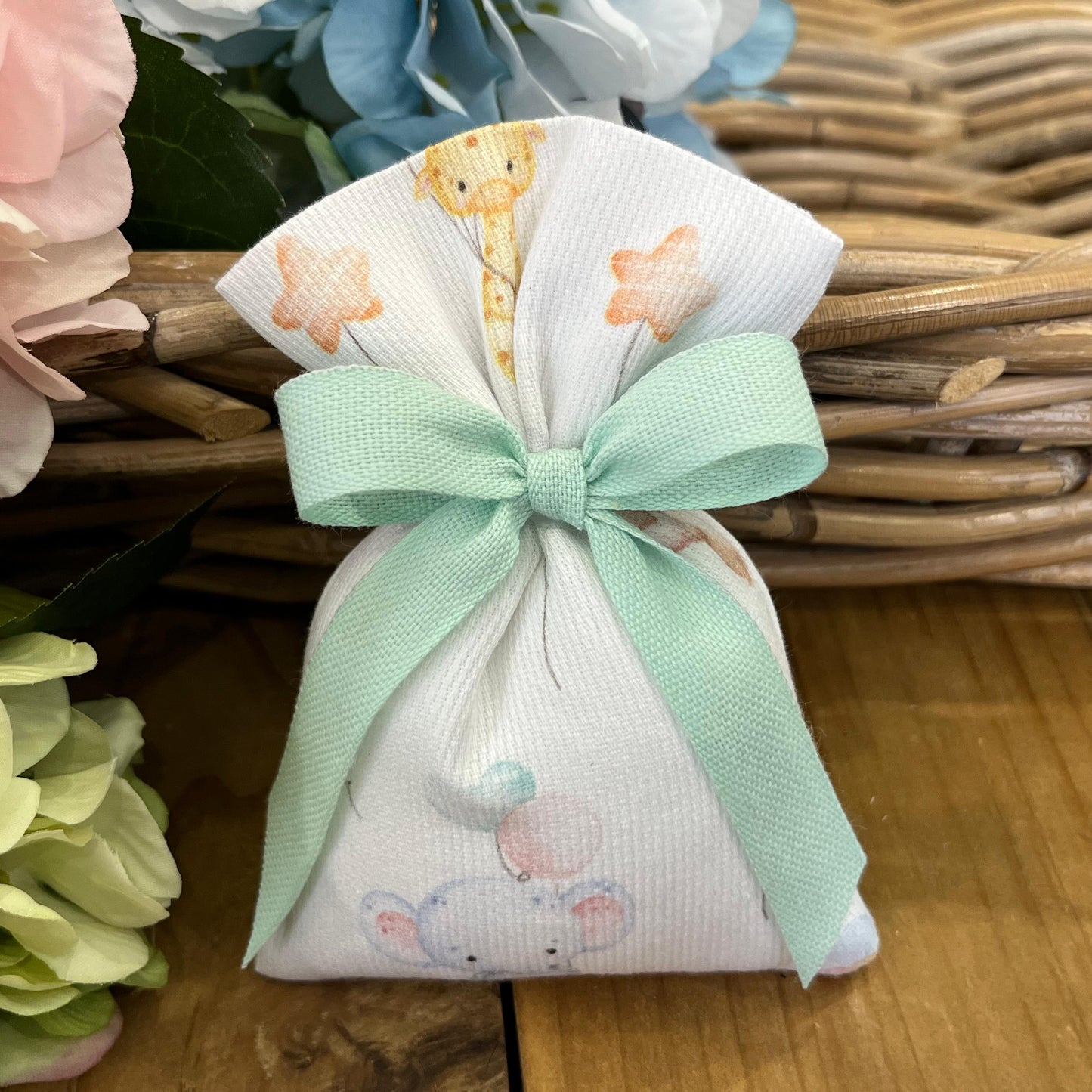 Sacchetto portaconfetti animal party/verde acqua mod. piccolo collezione Baby