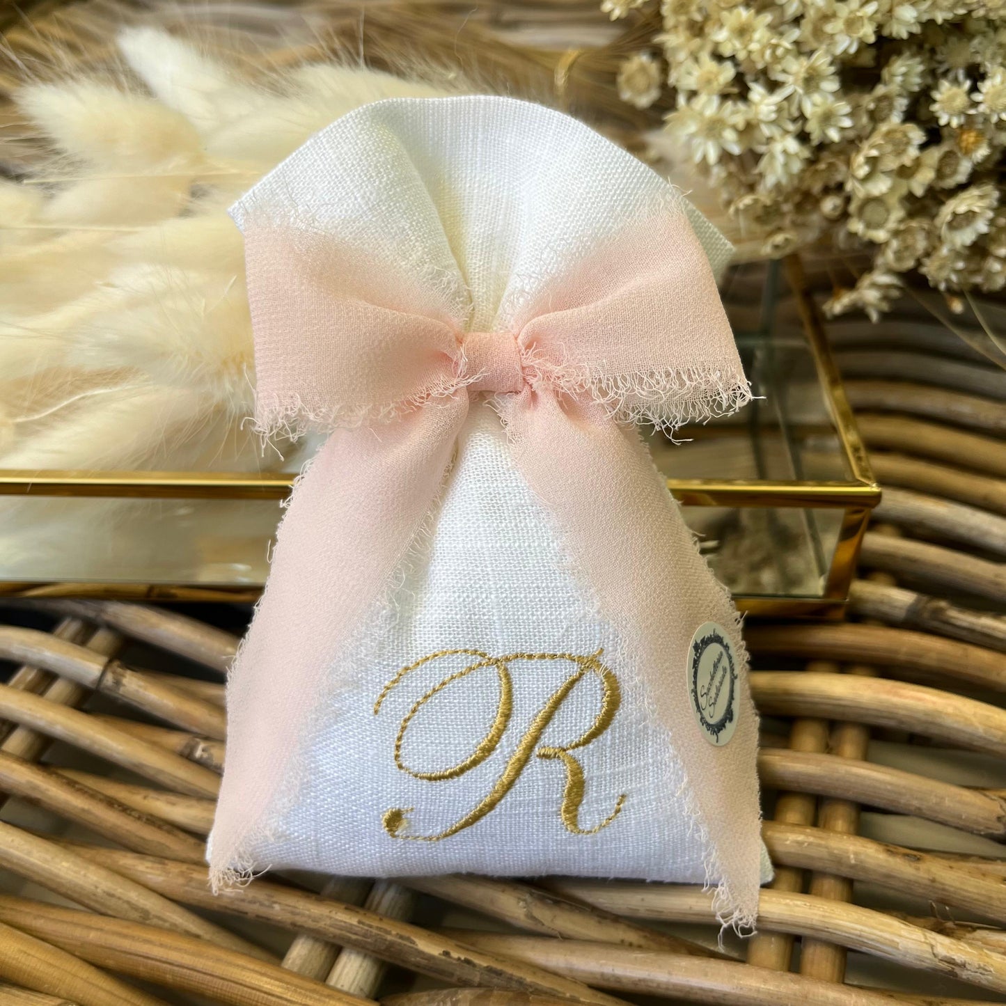 Sacchetto portaconfetti lino e viscosa avorio personalizzato mod. piccolo