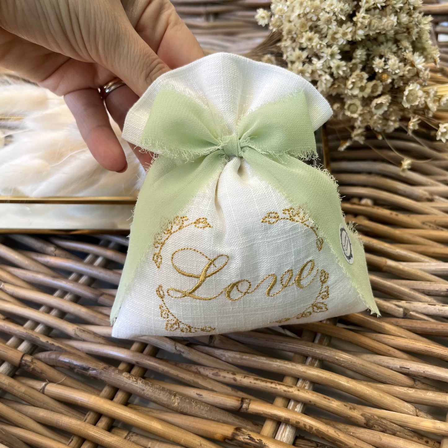 Sacchetto portaconfetti lino e viscosa avorio personalizzato mod. medio