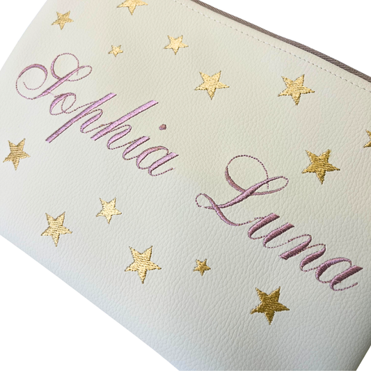Pochette personalizzata con nome in similpelle panna ric. rosa antico stelle oro mod. regular