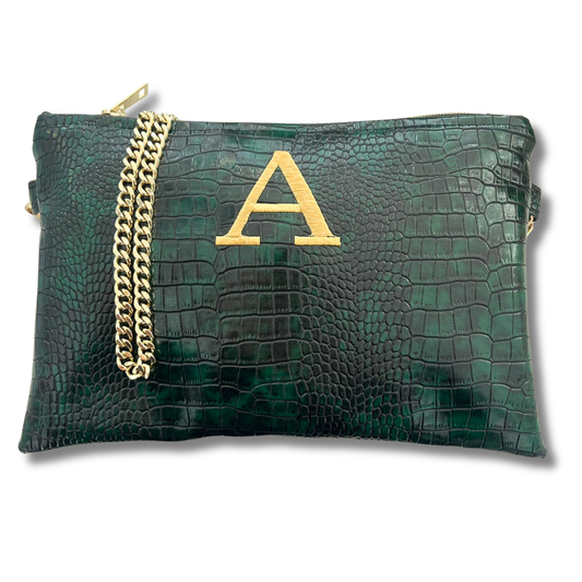 Pochette personalizzata in similpelle cocco verde tracolla oro mod. regular