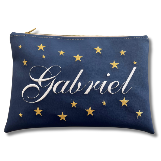 Pochette personalizzata con nome in similpelle blu ric. bianco stelle oro mod. plus